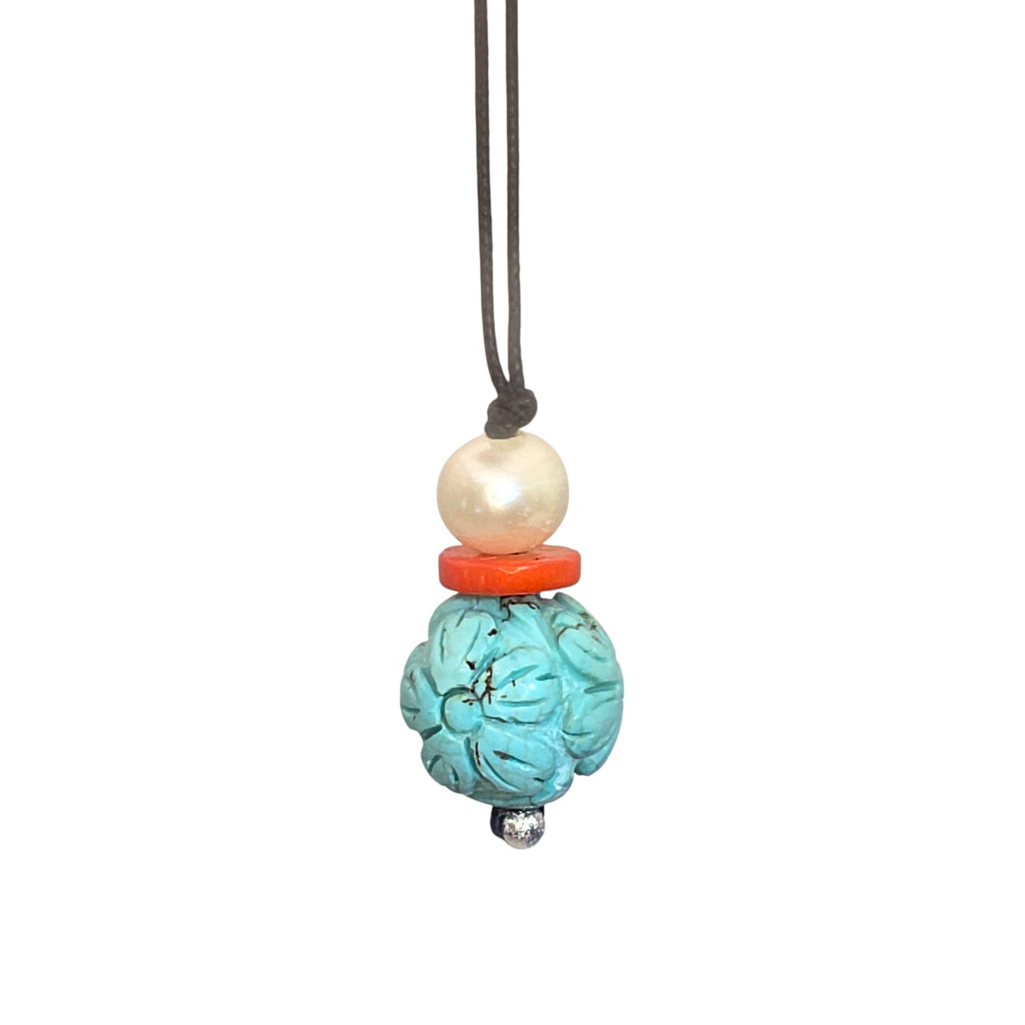 Chunky Turquoise Necklace Leather cord , Large Lotus Flower Jewelry Pearl Coral Long Chain Adjustable UP to 30" chunky stone jewelry #2341