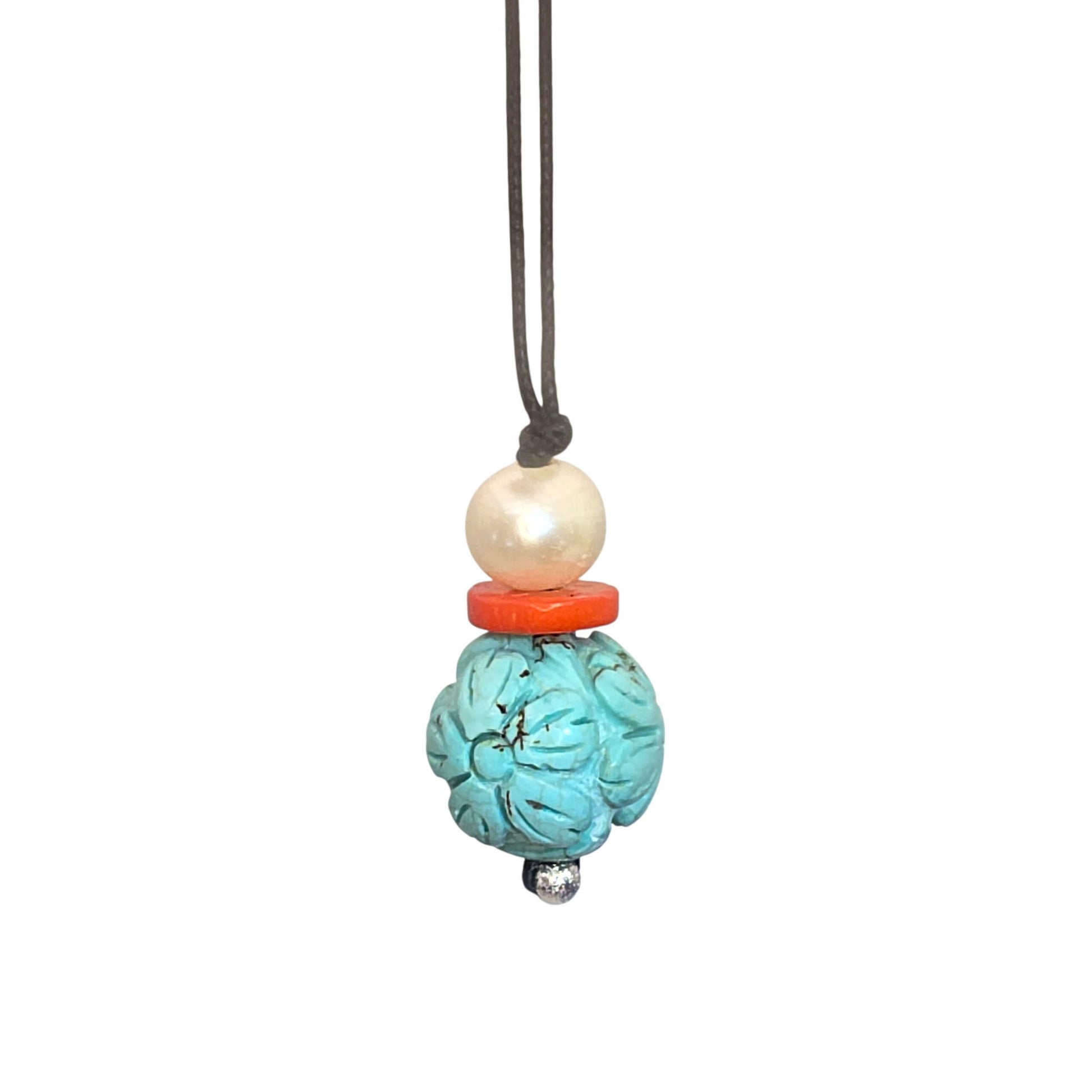 Chunky Turquoise Necklace Leather cord , Large Lotus Flower Jewelry Pearl Coral Long Chain Adjustable UP to 30" chunky stone jewelry #2341