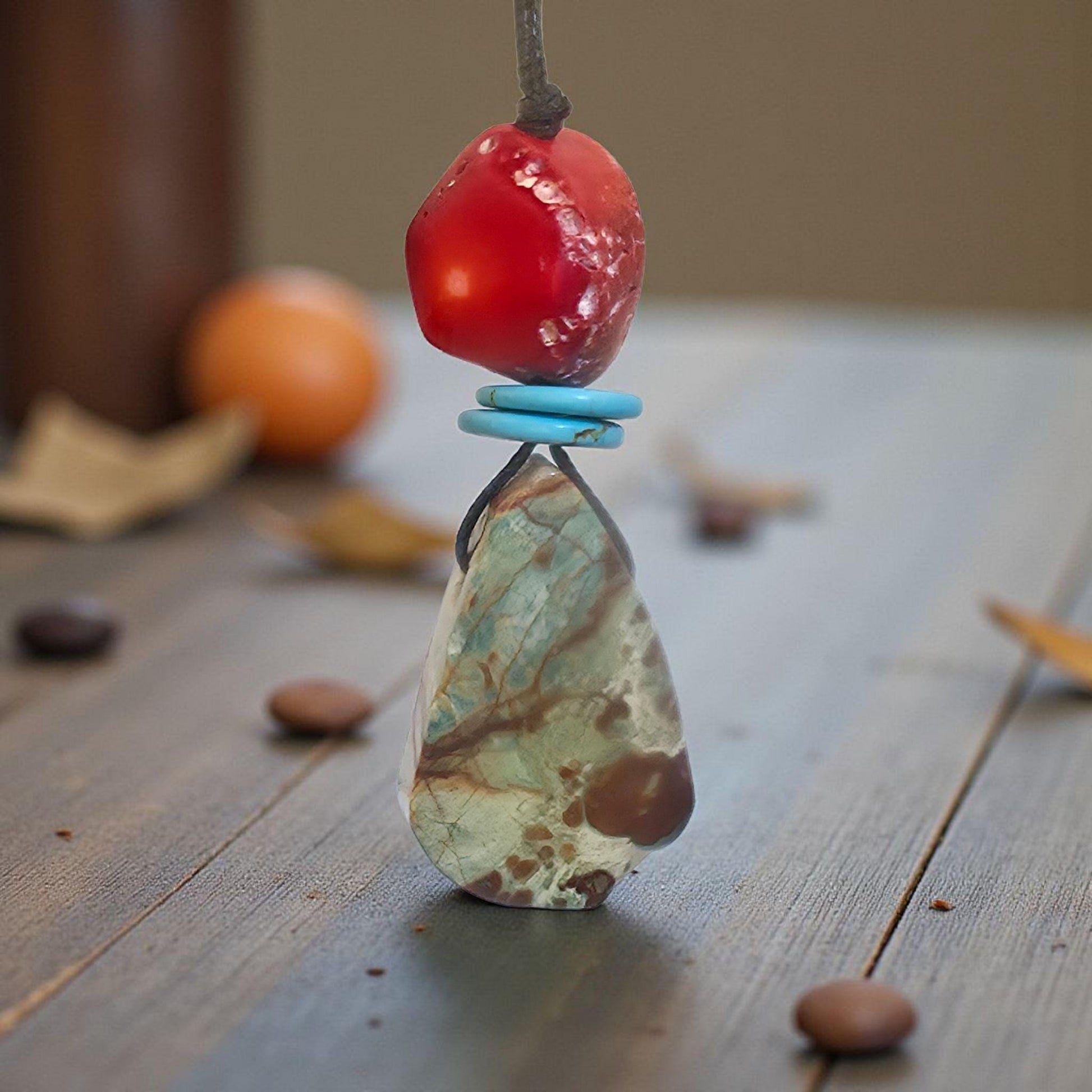 Large Green Jasper Core Necklace Bohemian Style Pendant Leather cord Chunky Raw African Jasper Jewelry Adjustable UP to 30" #2321