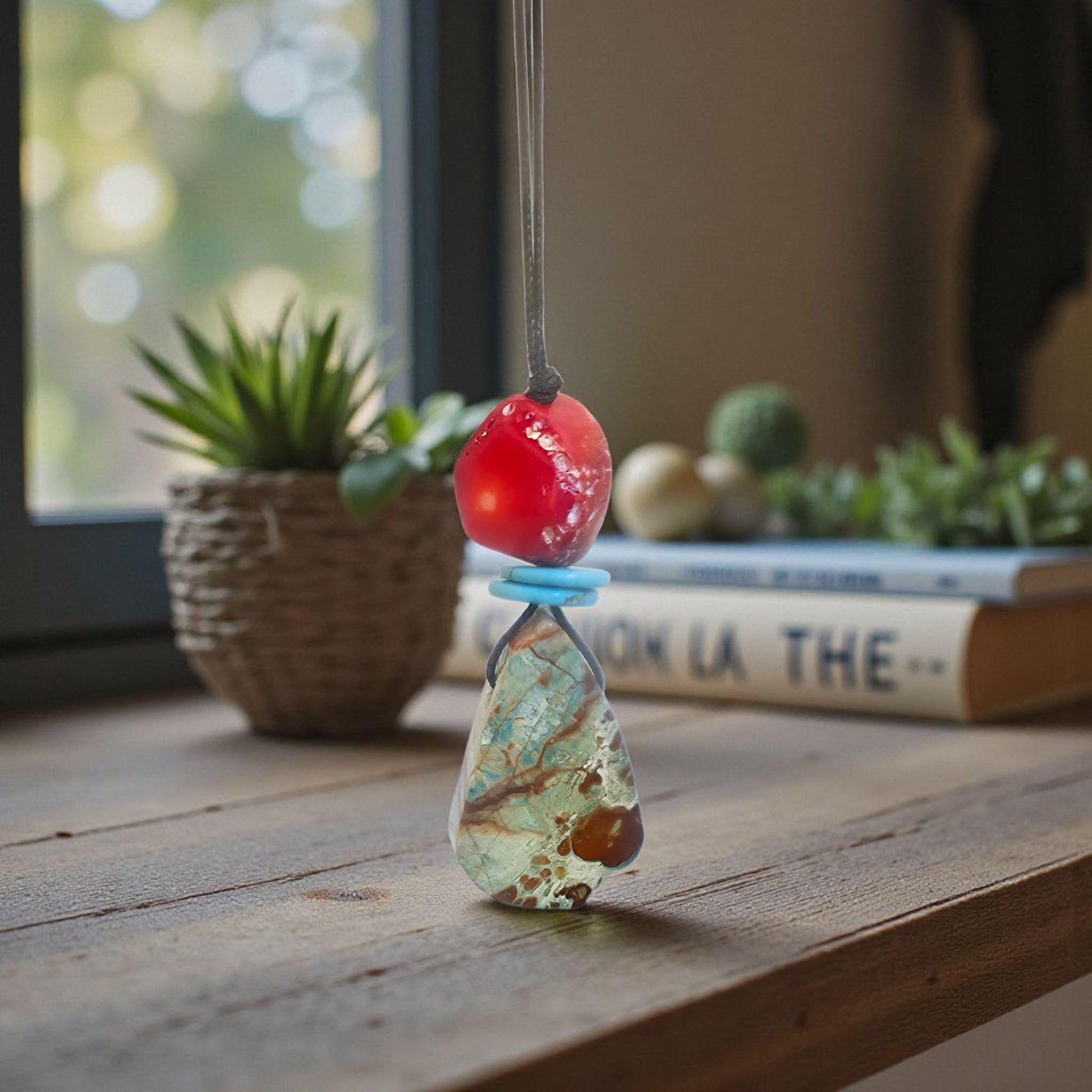 Large Green Jasper Core Necklace Bohemian Style Pendant Leather cord Chunky Raw African Jasper Jewelry Adjustable UP to 30" #2321