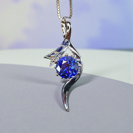 Bow Tanzanite Necklace - 18KGP Sterling Silver - 2 CT Round Blue Tanzanite Pendant - Swirl Knot Style - December Birthstone #557