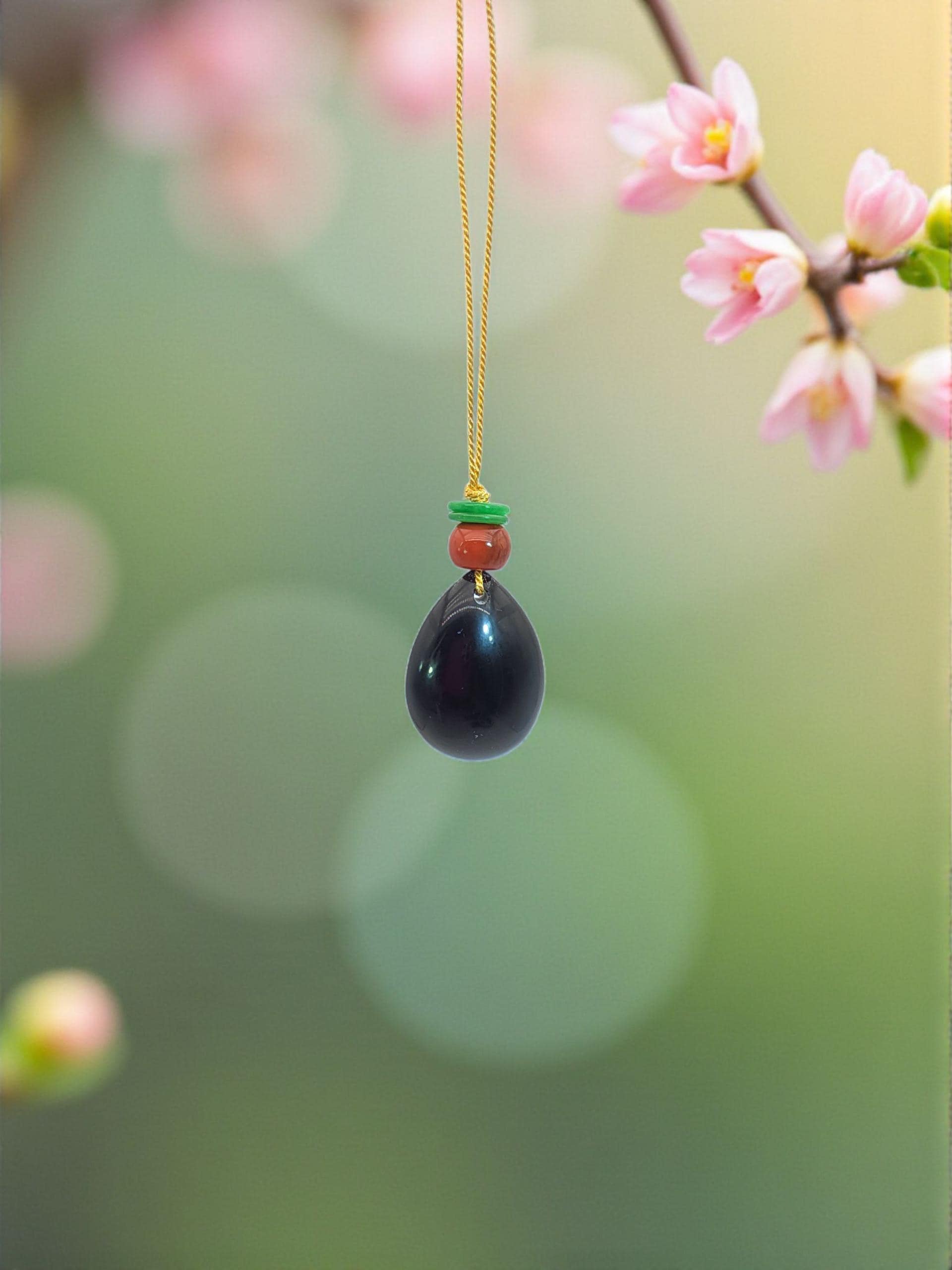 Large obsidian Necklace Leather cord Red carnelian Green Jade Pendant Protective gemstone Chain UP to 30" chunky stone jewelry #2335