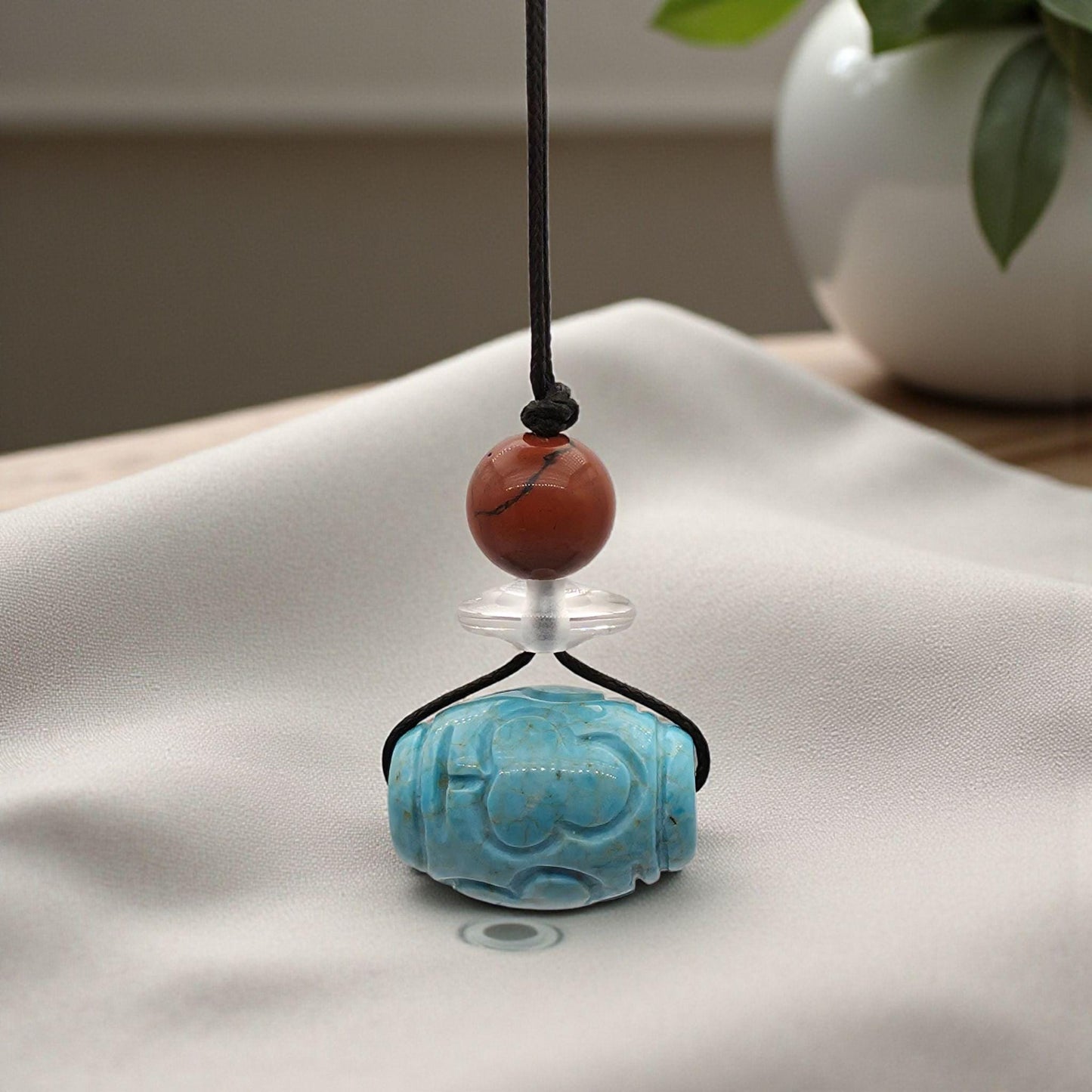 Turquoise Necklace Boho Large Chunky Jasper Pendant | Hand-Carved Natural Stone | Adjustable Leather Cord Long Chain up to 30" #22337