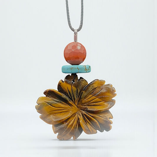 Hand-Carved Tiger's Eye Flower Pendant Necklace, Genuine Turquoise Red Jasper Beads, Adjustable Cord Boho chunky stone jewelry #2331
