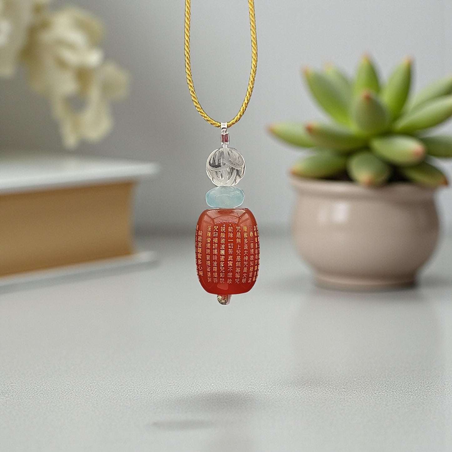 Red Carnelian Heart Sutra Pendant Necklace, Clear Quartz Lotus Spiritual Buddhist Protection Amulet chunky stone jewelry #2330