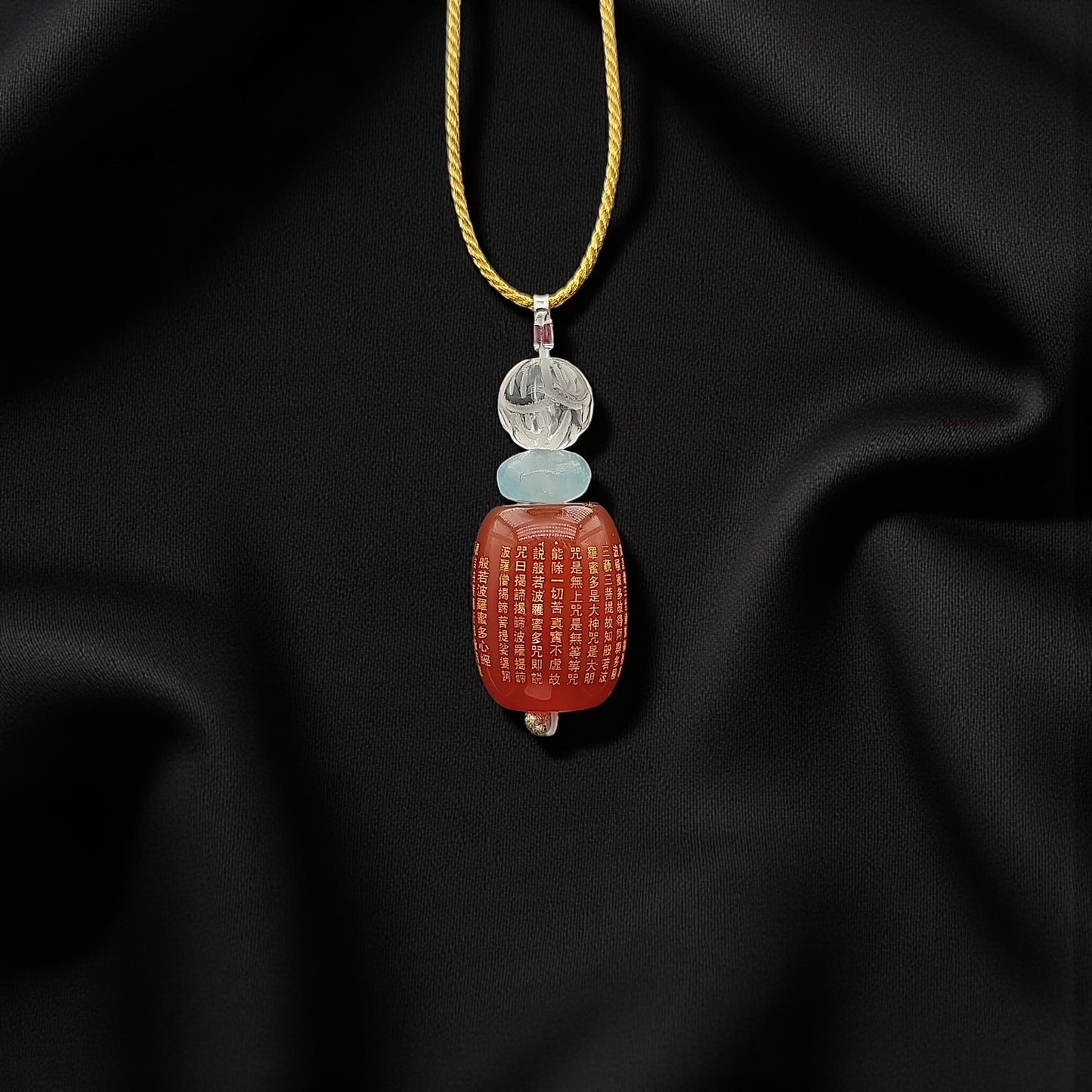 Red Carnelian Heart Sutra Pendant Necklace, Clear Quartz Lotus Spiritual Buddhist Protection Amulet chunky stone jewelry #2330