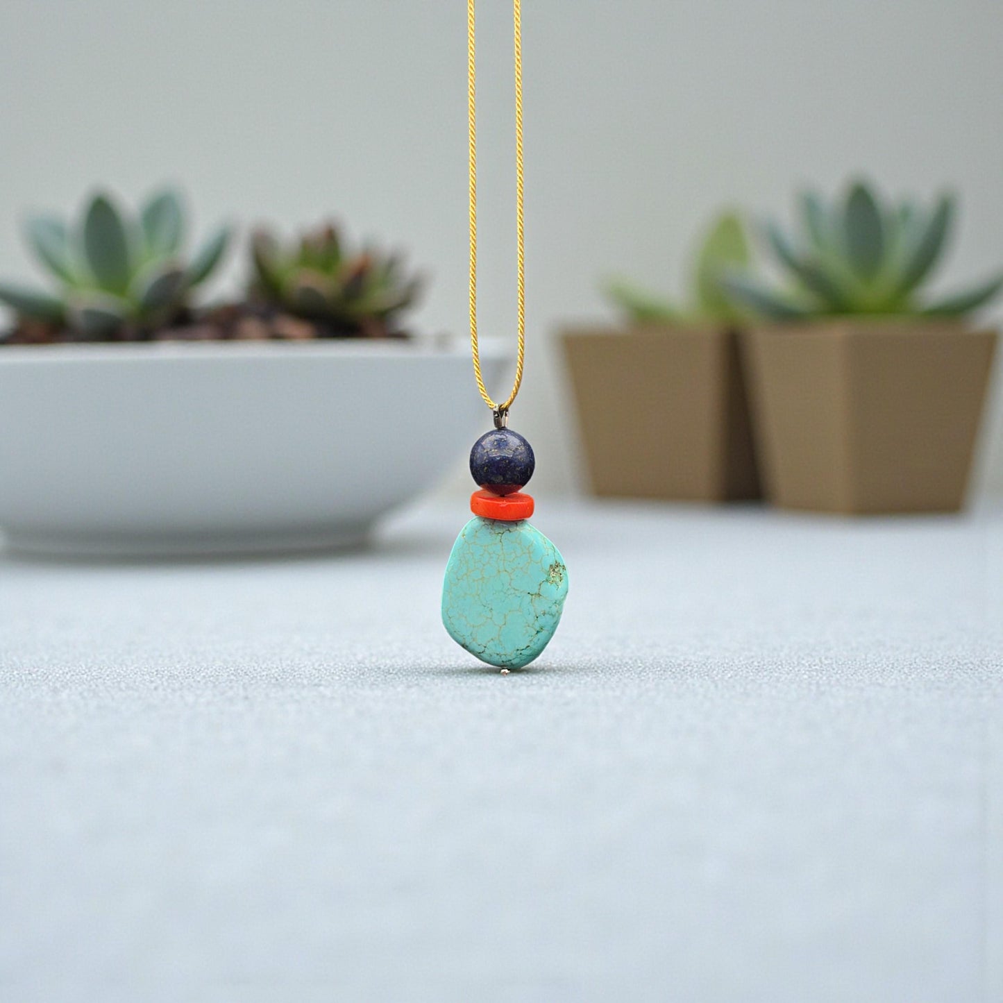 Rough Turquoise Pendant Necklace, Lapis Lazuli & Coral, 30" Adjustable Gold silk cord , Boho Coastal Jewelry, chunky stone jewelry #2328