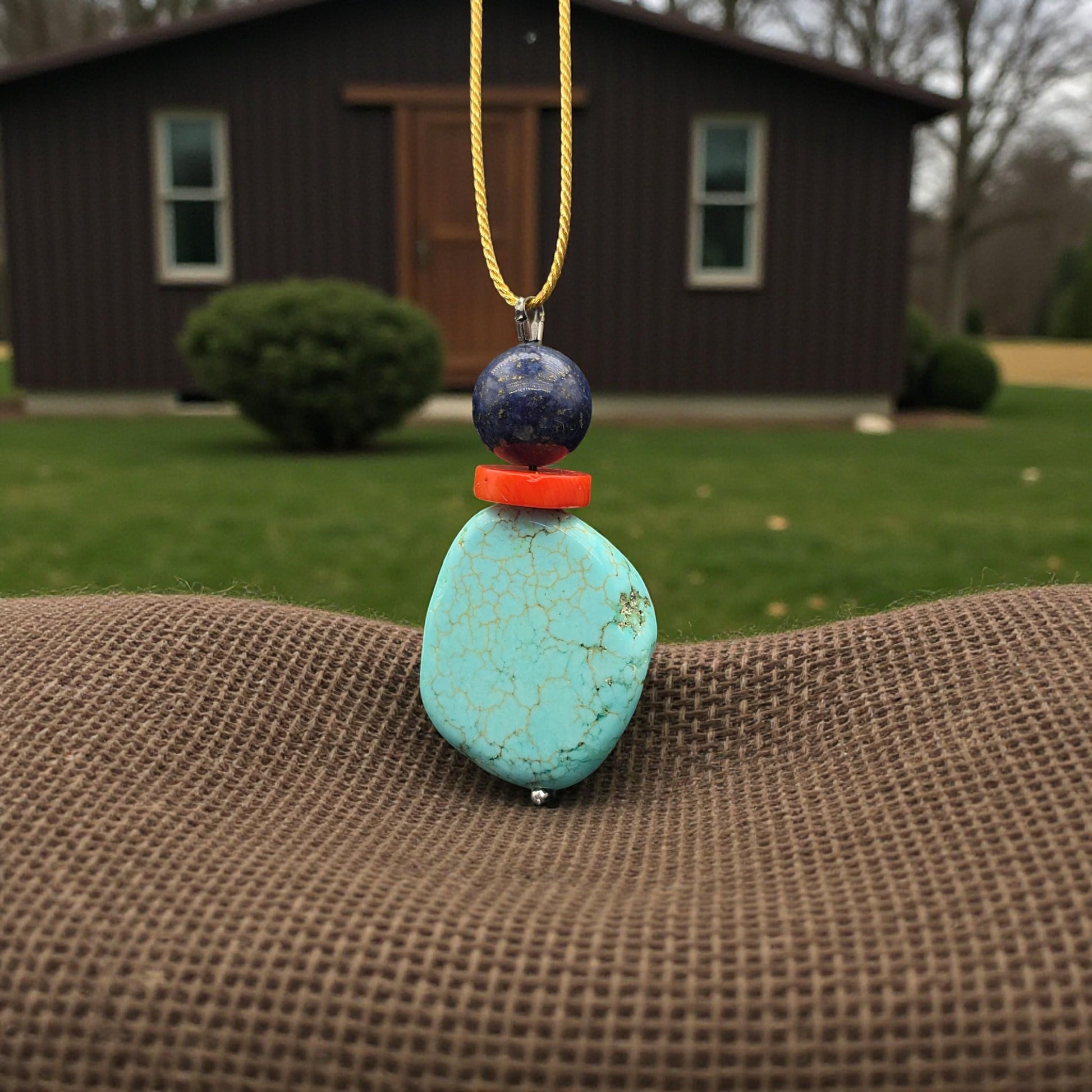 Rough Turquoise Pendant Necklace, Lapis Lazuli & Coral, 30" Adjustable Gold silk cord , Boho Coastal Jewelry, chunky stone jewelry #2328