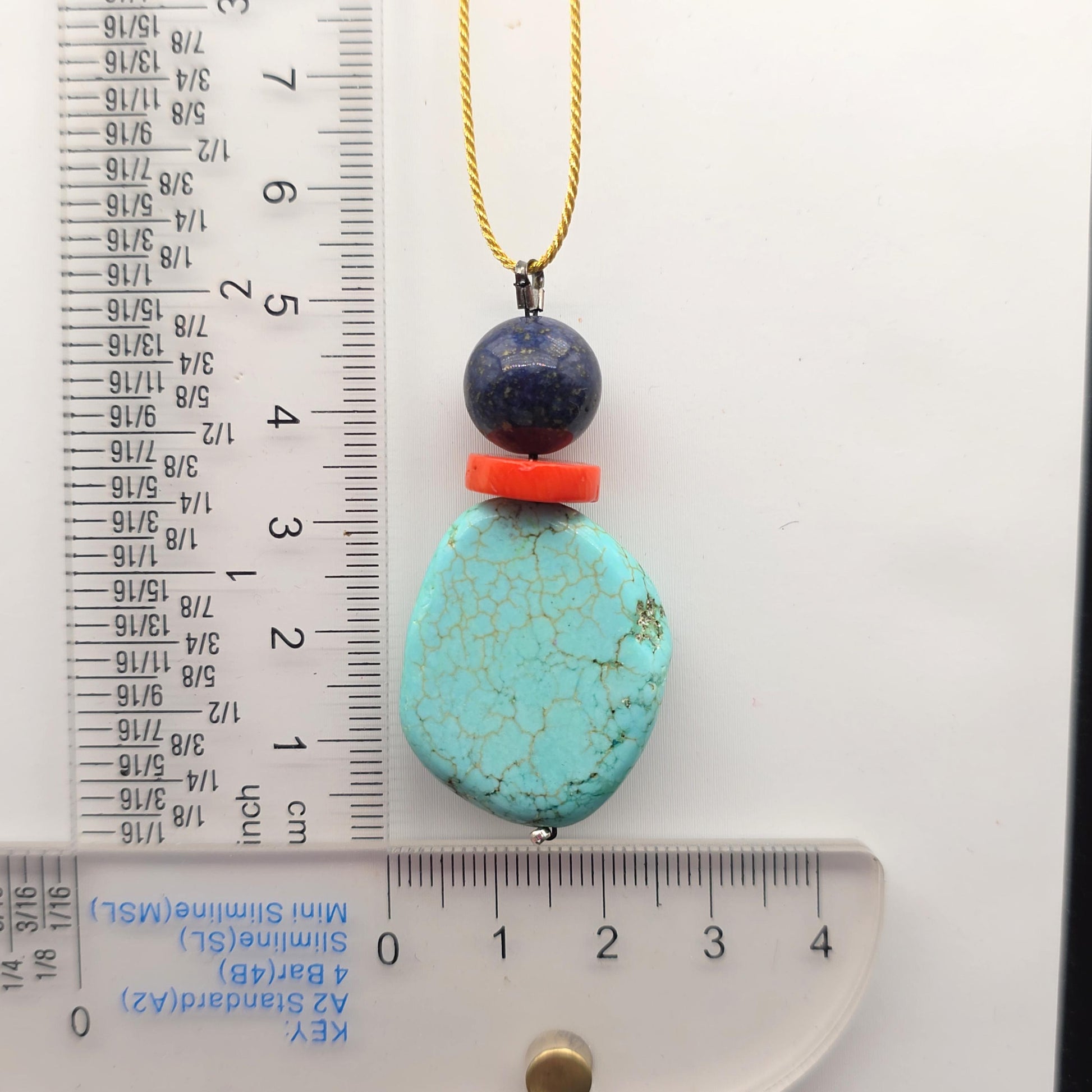 Rough Turquoise Pendant Necklace, Lapis Lazuli & Coral, 30" Adjustable Gold silk cord , Boho Coastal Jewelry, chunky stone jewelry #2328