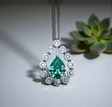 Green Paraiba Necklace - 18KGP @ Sterling Silver - 2.5 CT - Gemstone Halo Teardrop Green Paraiba Tourmaline Necklace #969