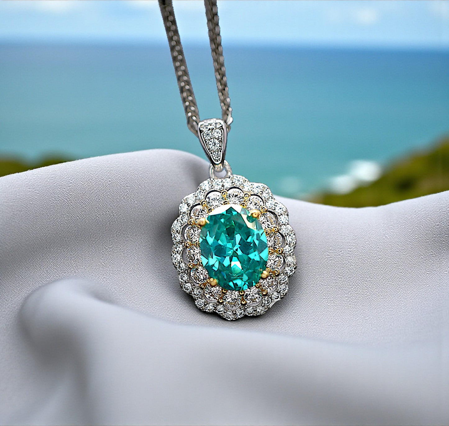Green Paraiba Tourmaline Necklace - Double Halo Wave Circle - White Gold coated Sterling Silver - Oval 2 Ct Paraiba Pendant #848