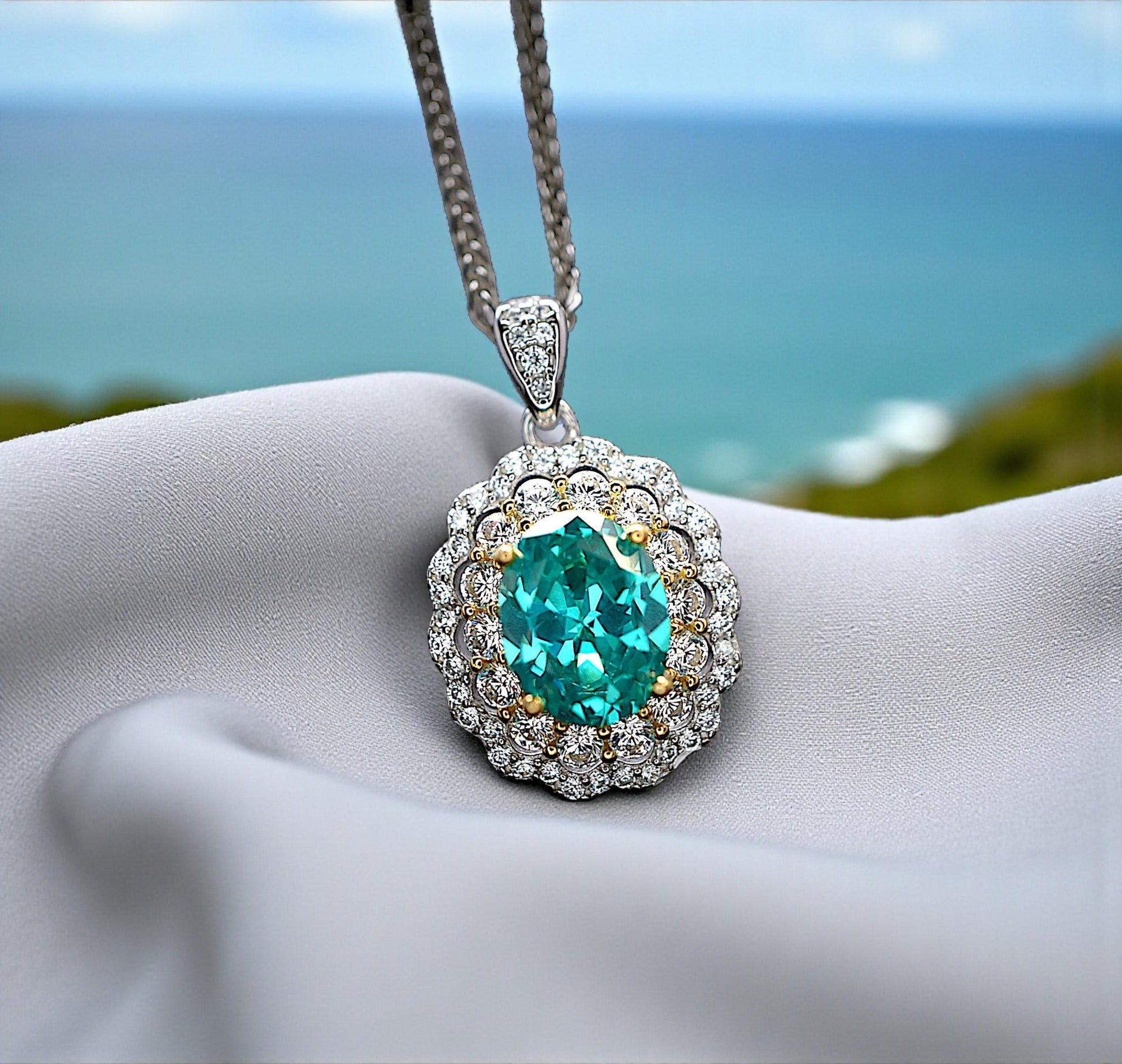 Green Paraiba Tourmaline Necklace - Double Halo Wave Circle - White Gold coated Sterling Silver - Oval 2 Ct Paraiba Pendant #848