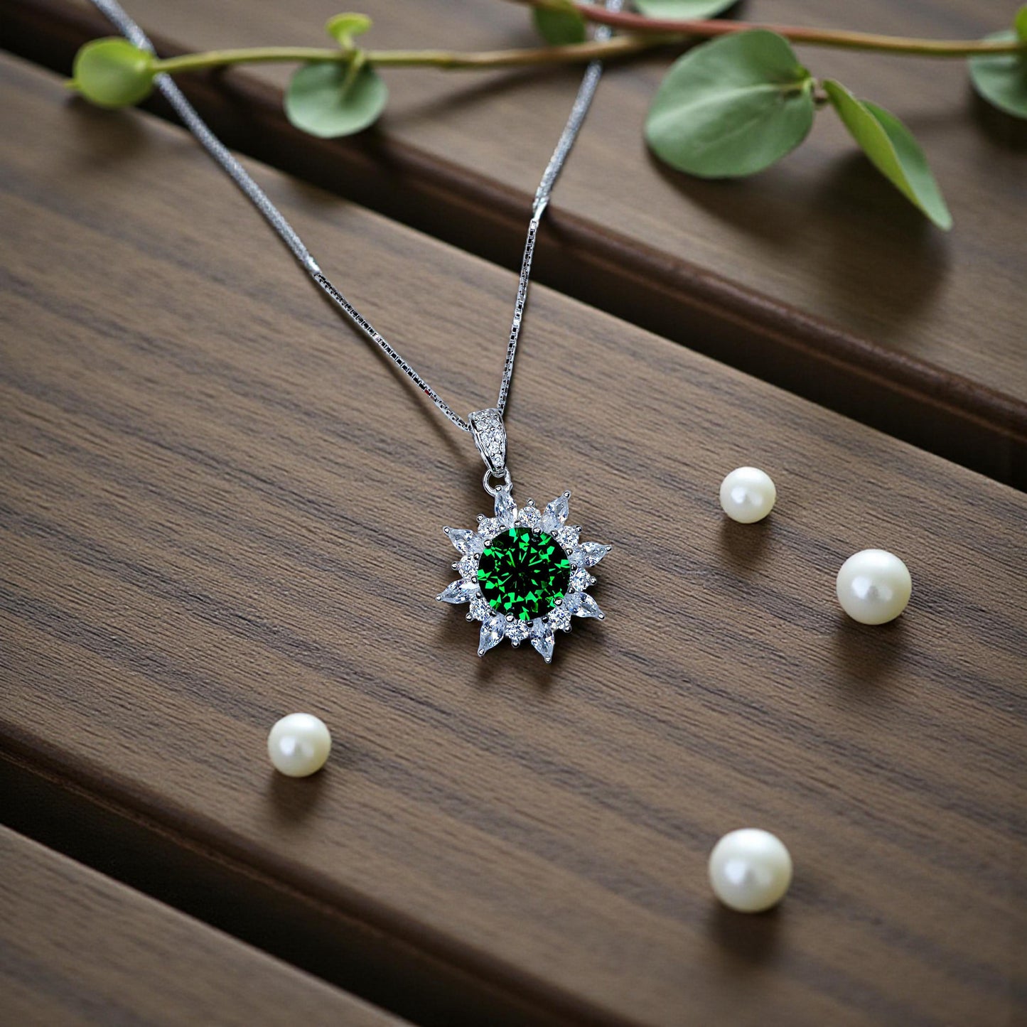 Diopside Sunburst Necklace • Sterling Silver Green Gemstone Halo Pendant • Vintage Style Birthstone Necklace • Chain 1125