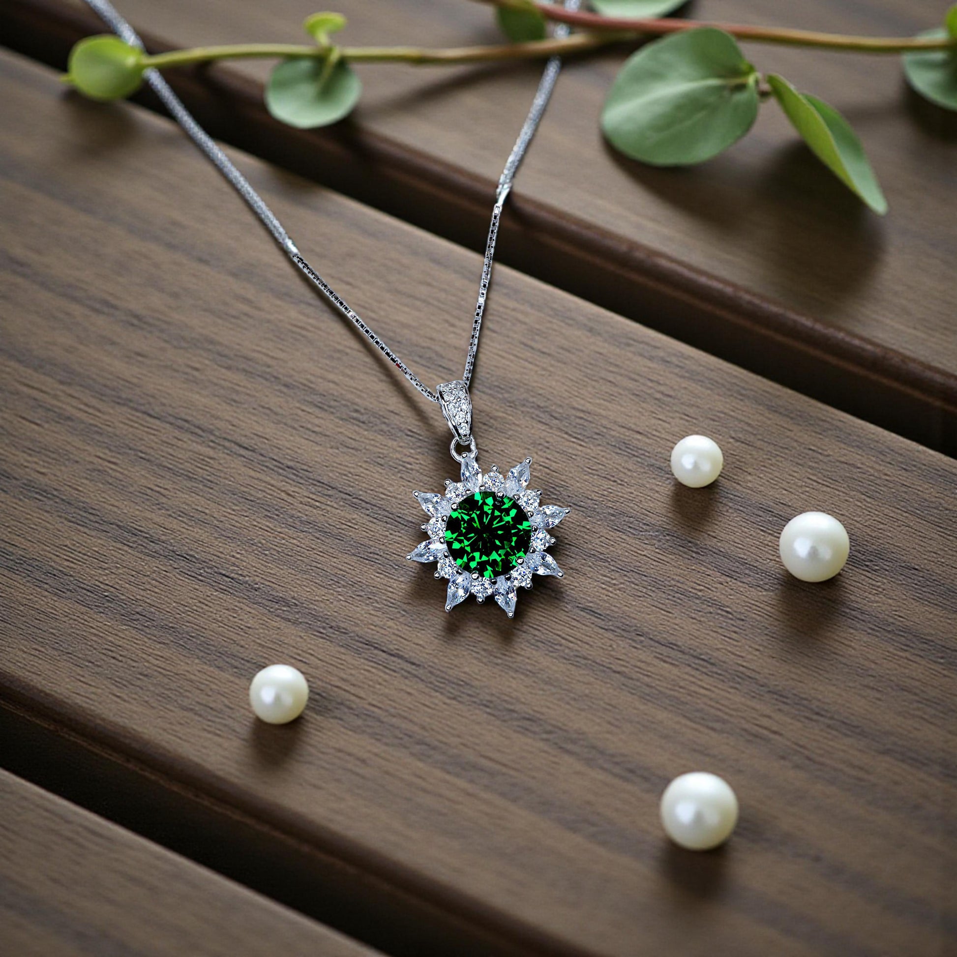 Diopside Sunburst Necklace • Sterling Silver Green Gemstone Halo Pendant • Vintage Style Birthstone Necklace • Chain 1125