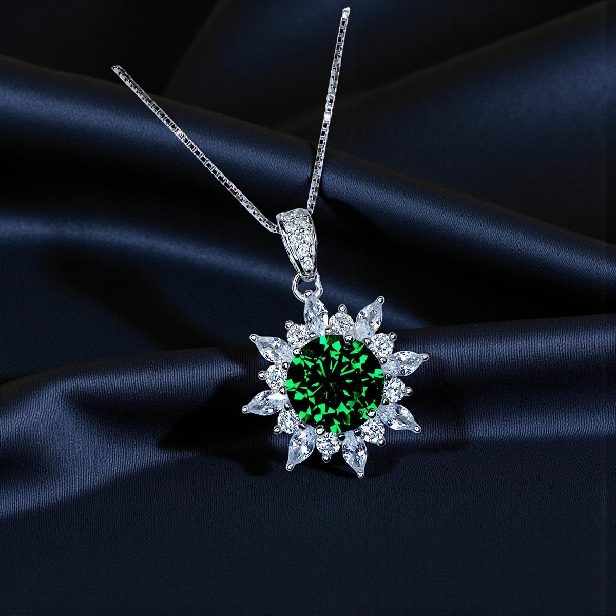 Diopside Sunburst Necklace • Sterling Silver Green Gemstone Halo Pendant • Vintage Style Birthstone Necklace • Chain 1125