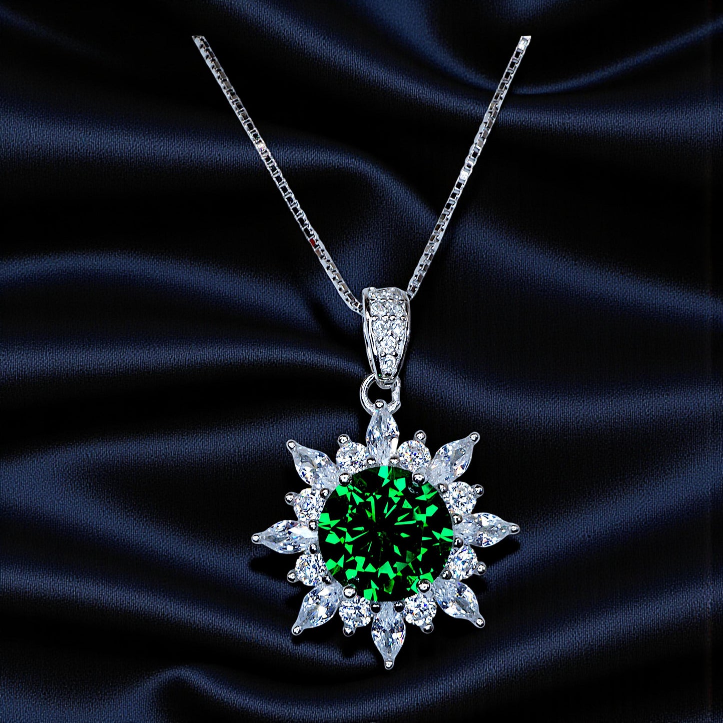 Diopside Sunburst Necklace • Sterling Silver Green Gemstone Halo Pendant • Vintage Style Birthstone Necklace • Chain 1125