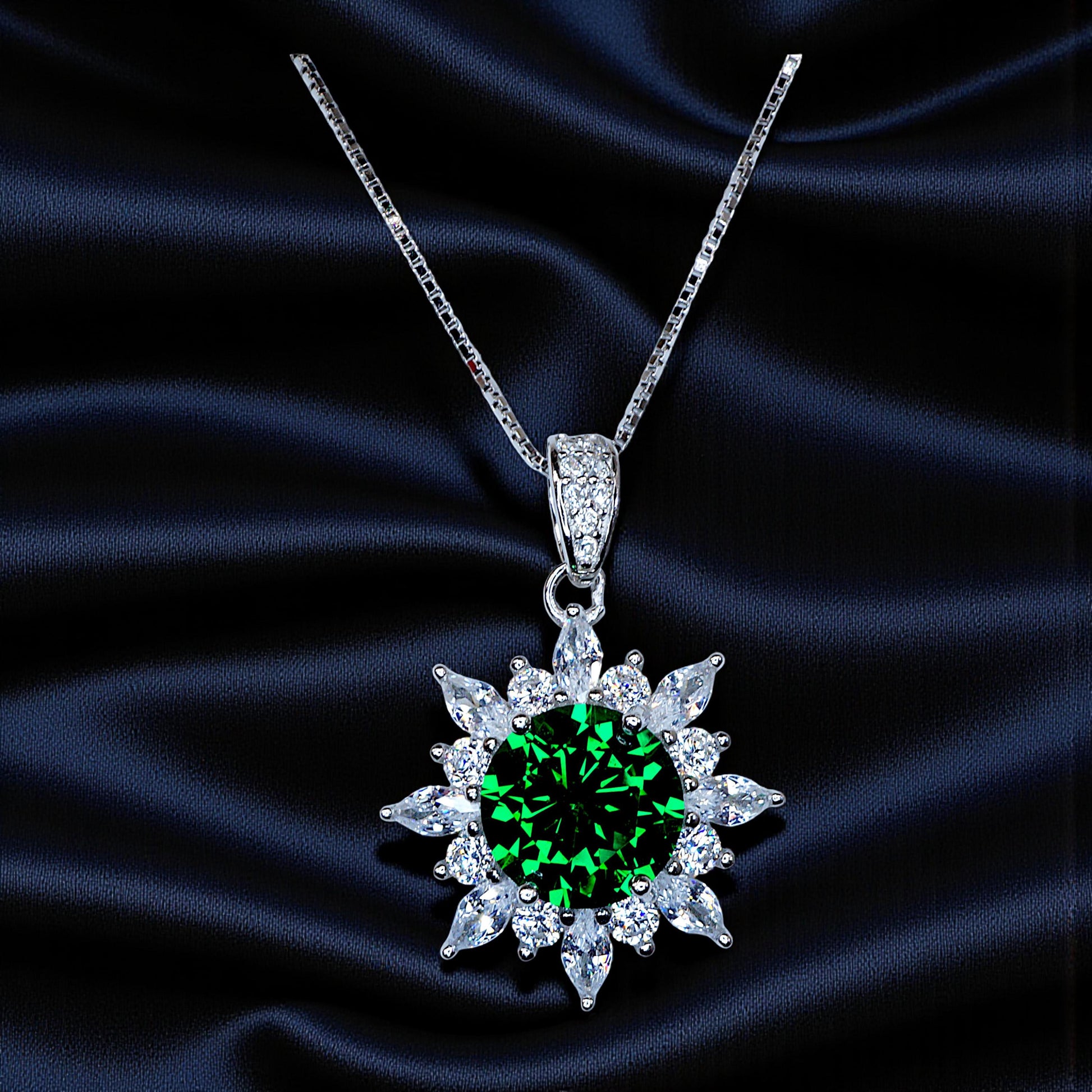 Diopside Sunburst Necklace • Sterling Silver Green Gemstone Halo Pendant • Vintage Style Birthstone Necklace • Chain 1125