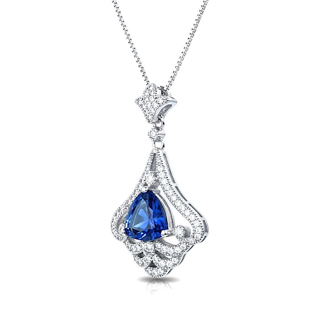 Mandolin flower Blue Sapphire Necklace - 1.2 ct Trillion Cut Blue Sapphire Pendant - White Gold coated Sterling Silver Gemstone Design #675