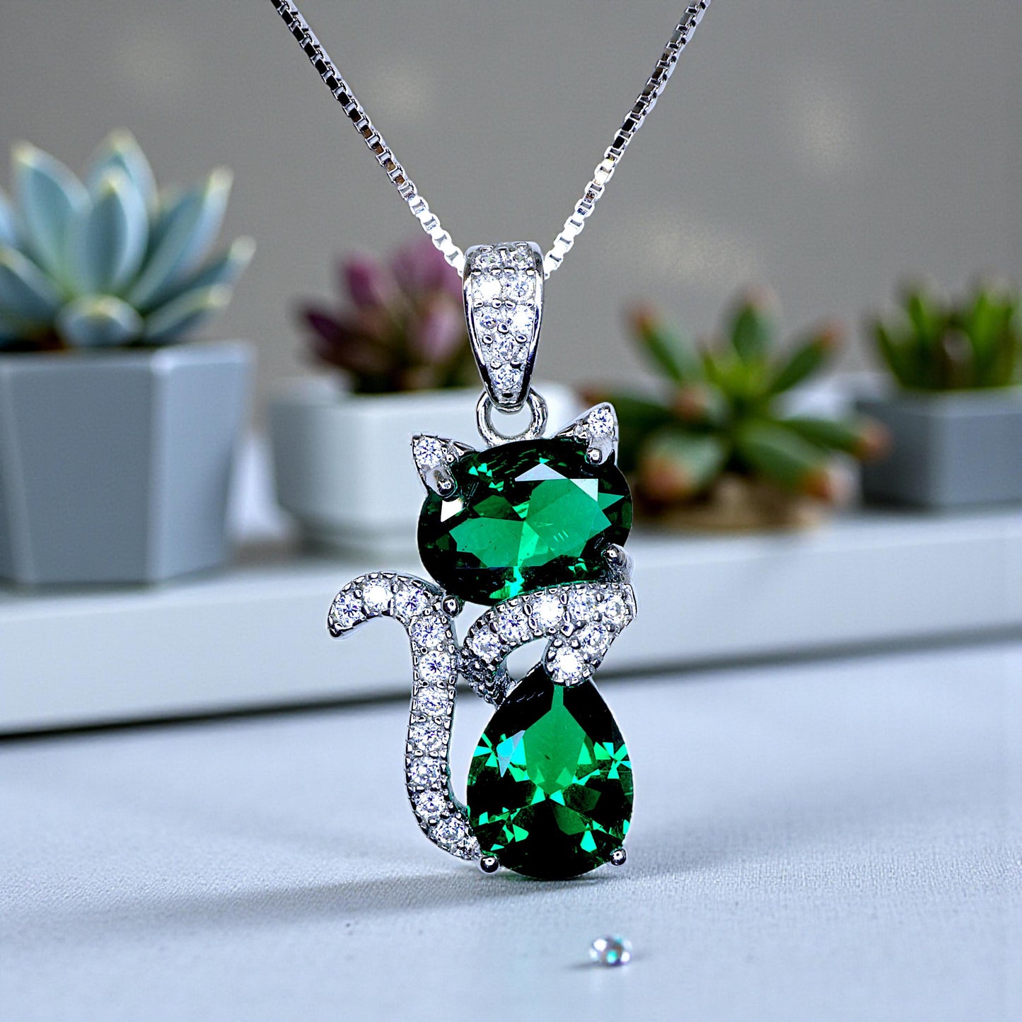 Cat Emerald necklace, Gemstone Kitty Cat Emerald Pendant, Sterling Silver Pet Cat lover gift Kitten Jewelry #217