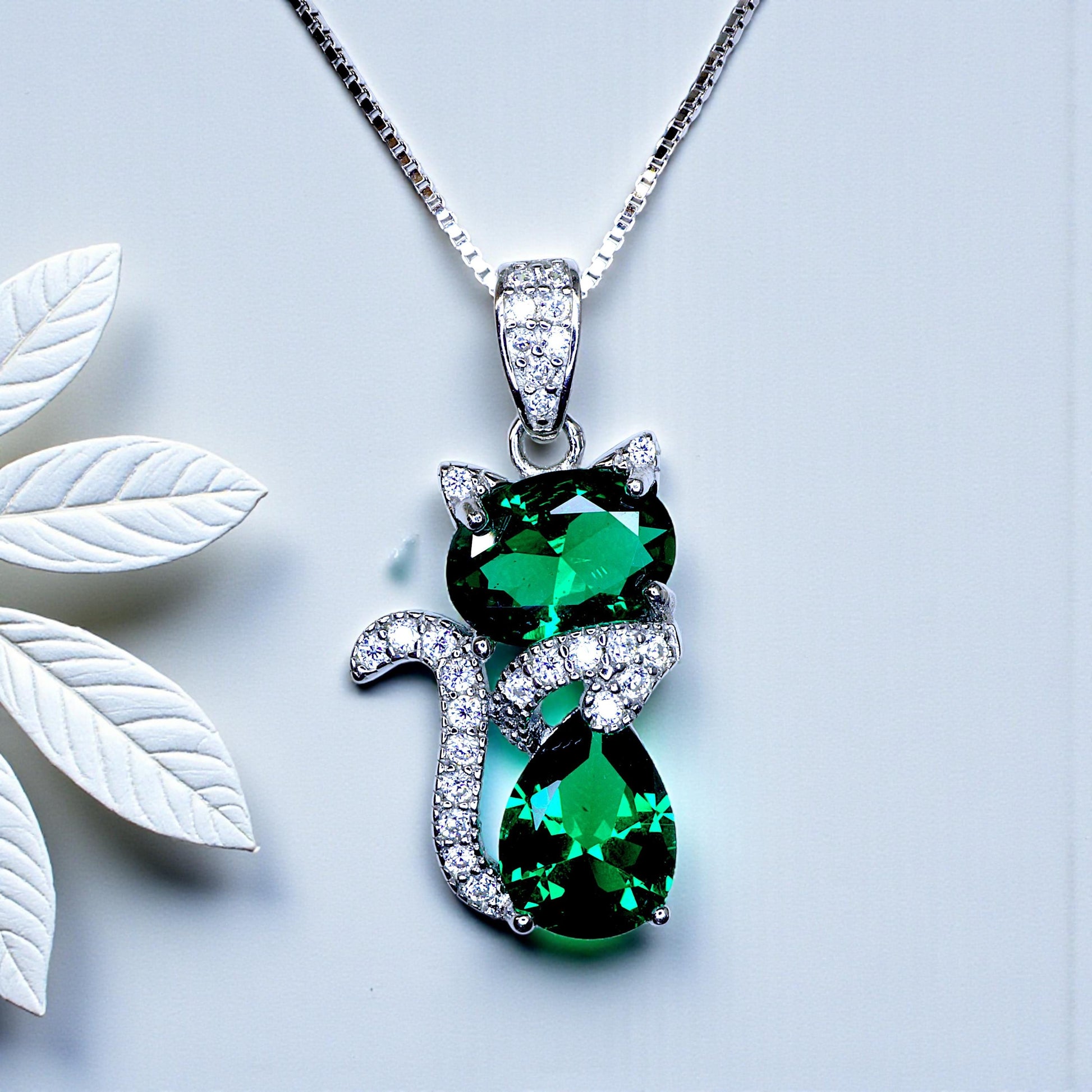 Cat Emerald necklace, Gemstone Kitty Cat Emerald Pendant, Sterling Silver Pet Cat lover gift Kitten Jewelry #217