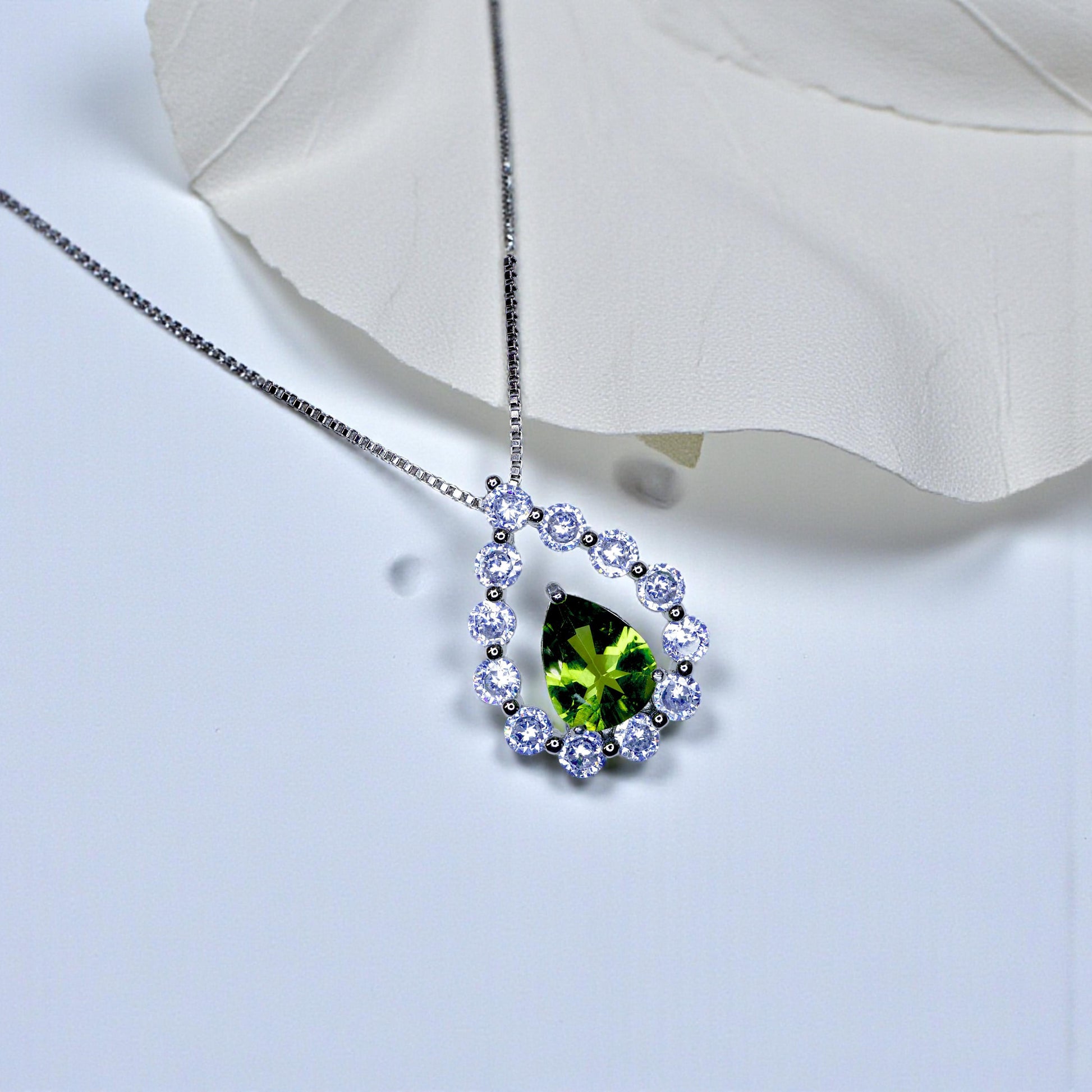 Natural Teardrop Peridot Necklace Dainty Genuine Green Peridot Pendant Gemstone Rounded Halo Green Gemstone August Birthstone Jewelry #499