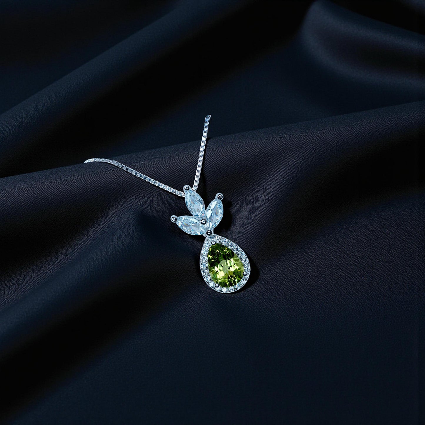 Genuine Peridot Necklace - Natural Green Peridot Pendant - 18KGP @ Sterling Silver - August Birthstone - Three Petal Gemstone Jewelry #465