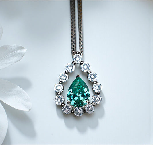 Green Paraiba Necklace - 18KGP @ Sterling Silver - 2.5 CT - Gemstone Halo Teardrop Green Paraiba Tourmaline Necklace #969