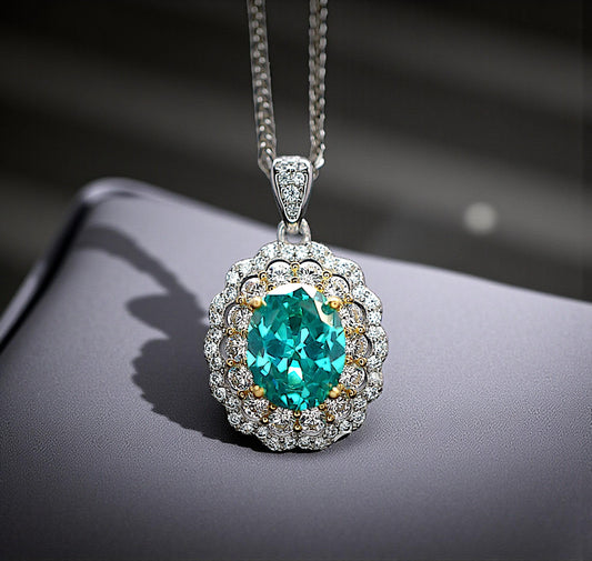 Green Paraiba Tourmaline Necklace - Double Halo Wave Circle - White Gold coated Sterling Silver - Oval 2 Ct Paraiba Pendant #848