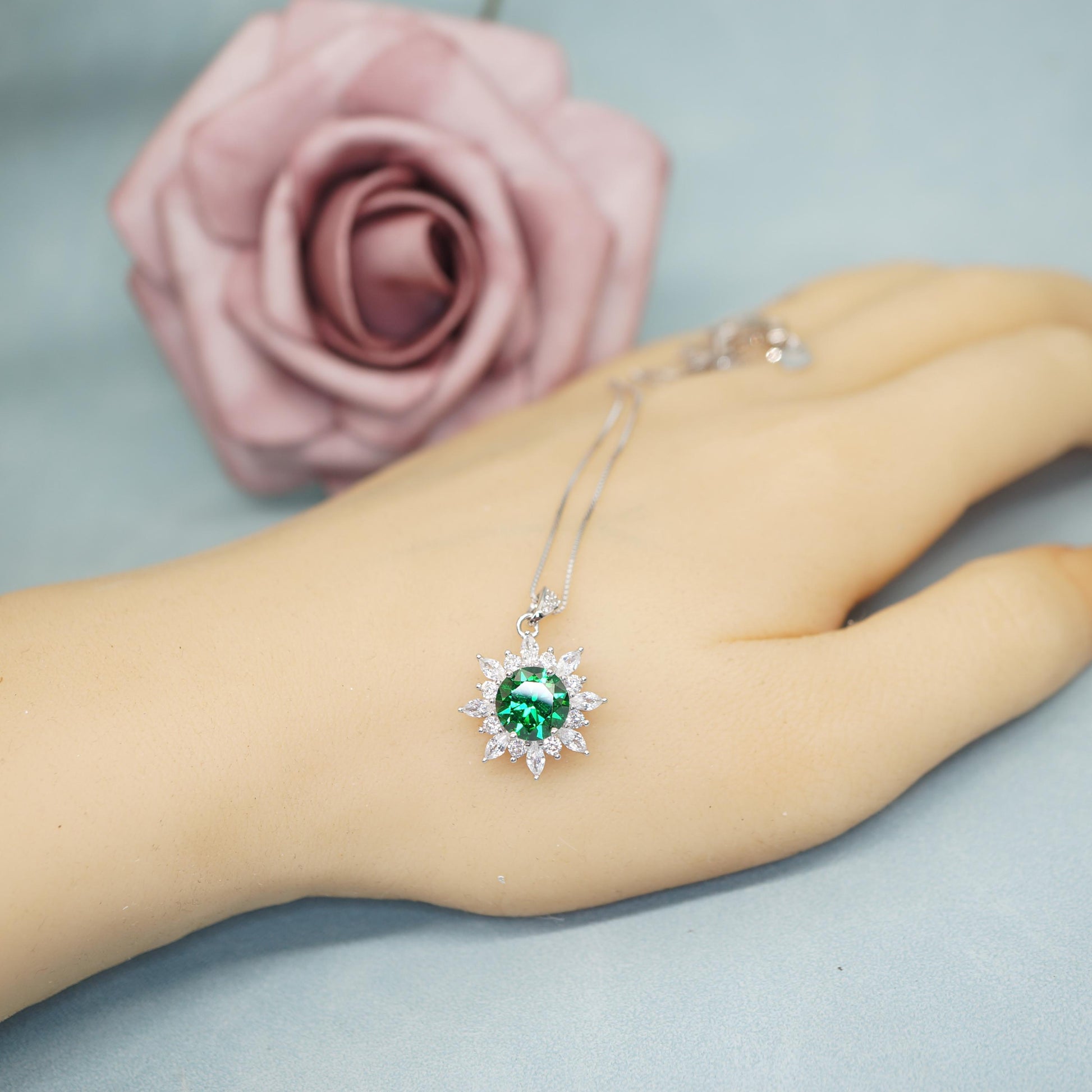 Diopside Sunburst Necklace • Sterling Silver Green Gemstone Halo Pendant • Vintage Style Birthstone Necklace • Chain 1125