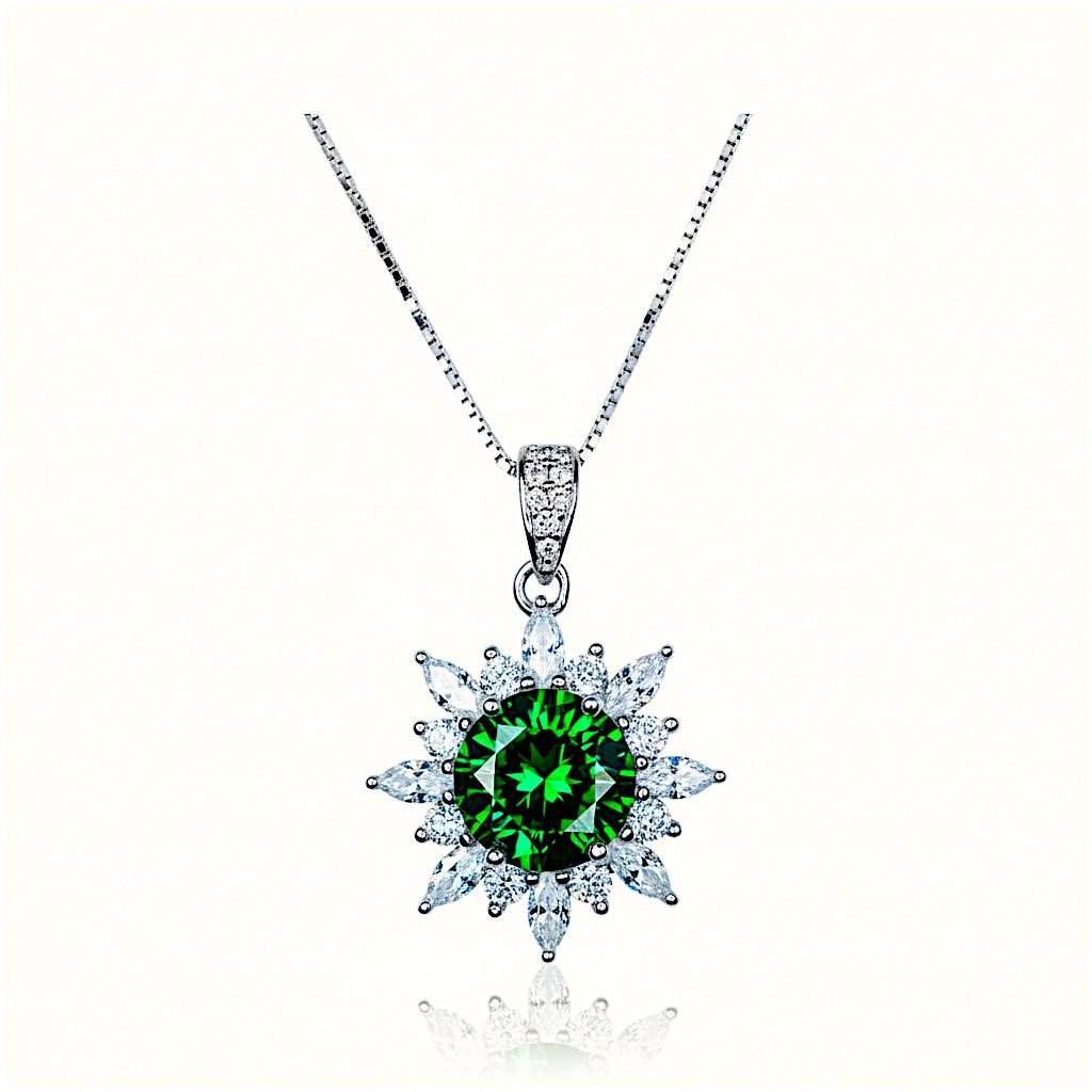 Diopside Sunburst Necklace • Sterling Silver Green Gemstone Halo Pendant • Vintage Style Birthstone Necklace • Chain 1125