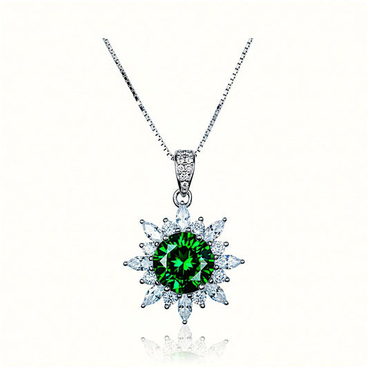 Diopside Sunburst Necklace • Sterling Silver Green Gemstone Halo Pendant • Vintage Style Birthstone Necklace • Chain 1125