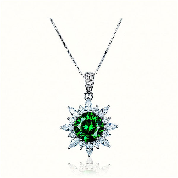 Diopside Sunburst Necklace • Sterling Silver Green Gemstone Halo Pendant • Vintage Style Birthstone Necklace • Adjustable Chain Gift for Her