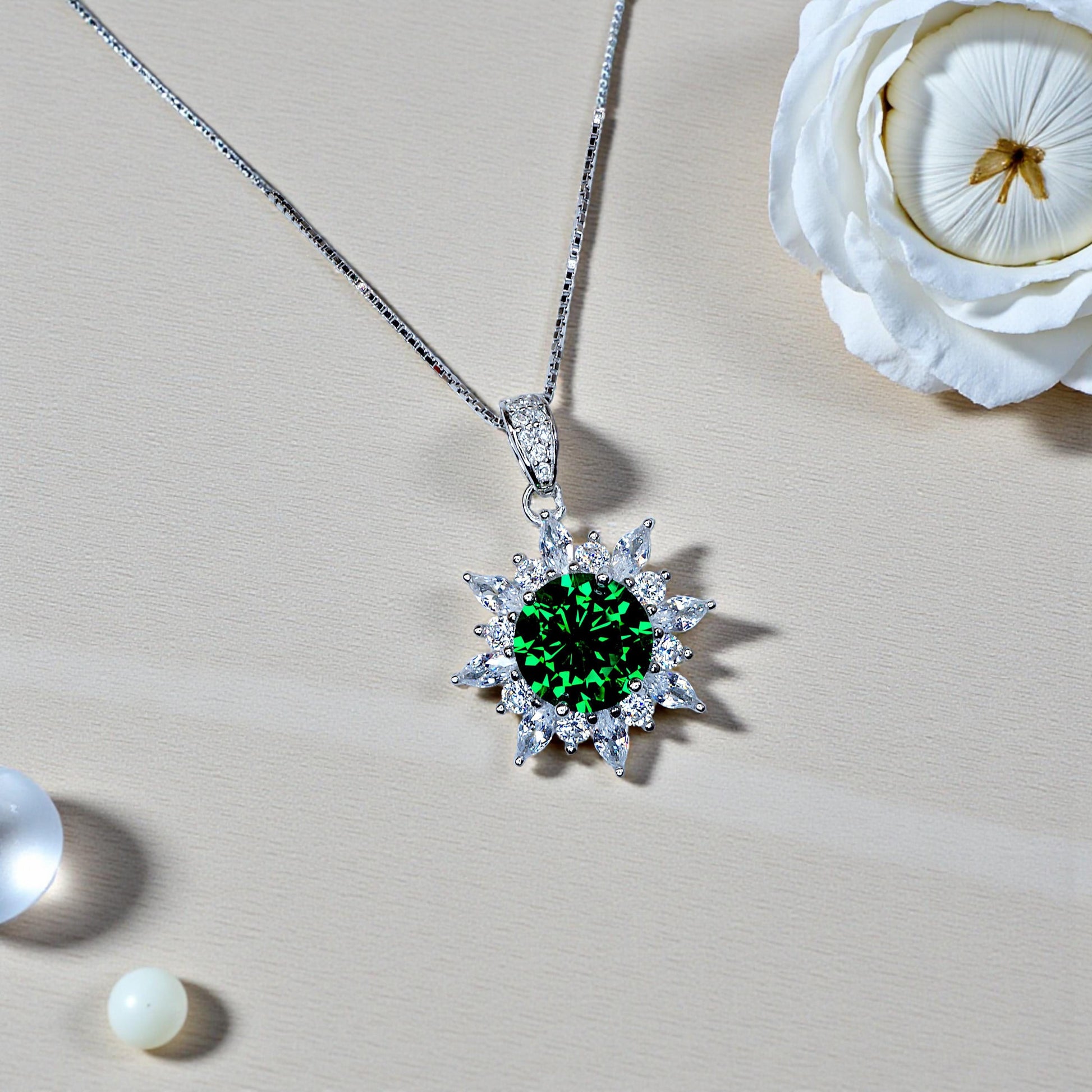 Diopside Sunburst Necklace • Sterling Silver Green Gemstone Halo Pendant • Vintage Style Birthstone Necklace • Chain 1125