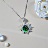 Diopside Sunburst Necklace • Sterling Silver Green Gemstone Halo Pendant • Vintage Style Birthstone Necklace • Adjustable Chain Gift for Her