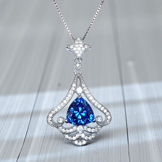 Mandolin flower Blue Sapphire Necklace - 1.2 ct Trillion Cut Blue Sapphire Pendant - White Gold coated Sterling Silver Gemstone Design #675