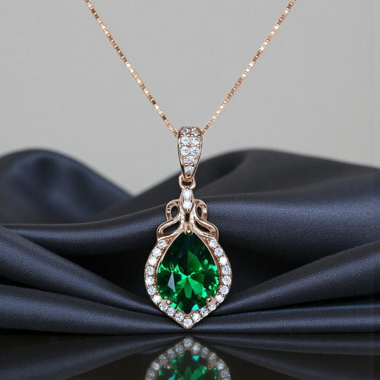 Dainty Emerald Necklace - Rose Gold coated Sterling Silver - Lab Created Green Emerald Pendant - May Birthstone #187
