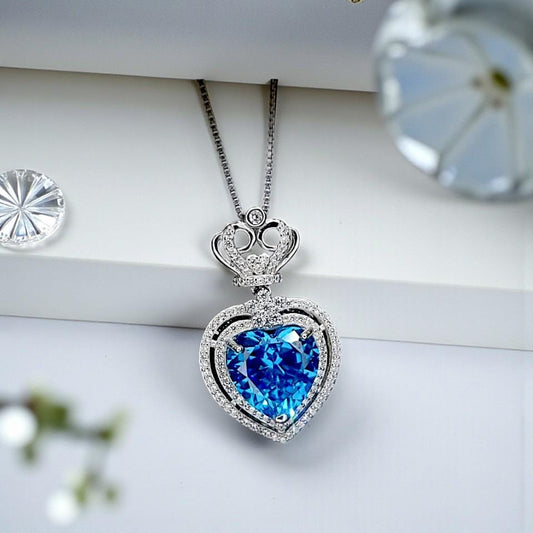 Large Blue Topaz Heart Necklace Full Sterling Silver Ocean Heart of the Ocean My Heart Will Go ON Topaz Pendant 1101
