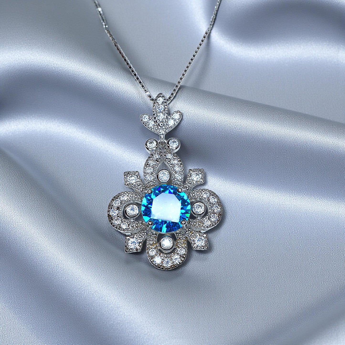 Blue Topaz Necklace - Sterling Silver 4 Petal Flower Jewelry - November Birthstone Chain Blue Gemstone Necklace 1126