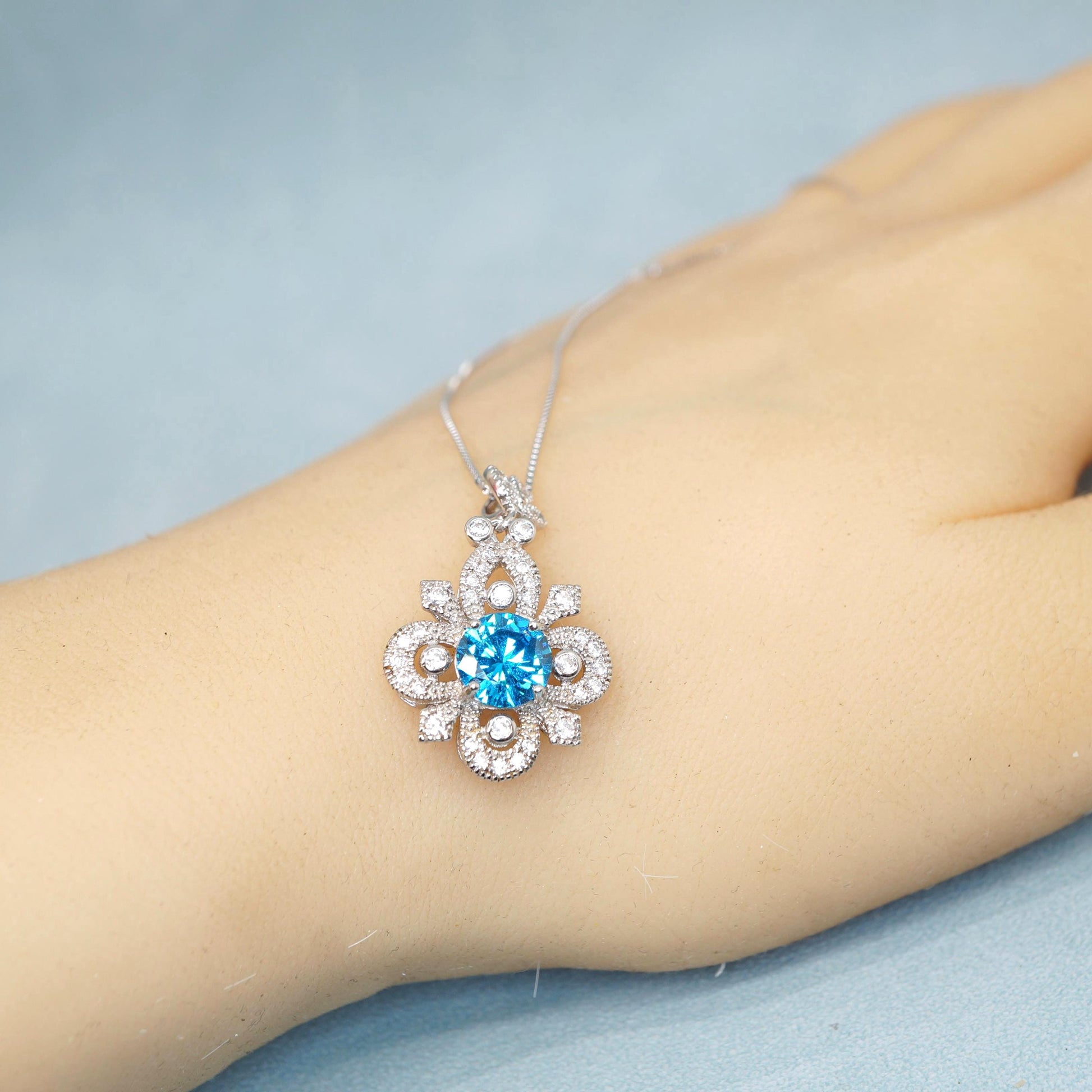 Blue Topaz Necklace - Sterling Silver 4 Petal Flower Jewelry - November Birthstone Chain Blue Gemstone Necklace 1126