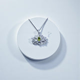 Genuine Peridot Necklace Lotus Flower Style Water Lily Pendant 18KGP @ Sterling Silver Birthstone Jewelry Green Gemstone Pendant #1127