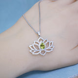 Genuine Peridot Necklace Lotus Flower Style Water Lily Pendant 18KGP @ Sterling Silver Birthstone Jewelry Green Gemstone Pendant #1127