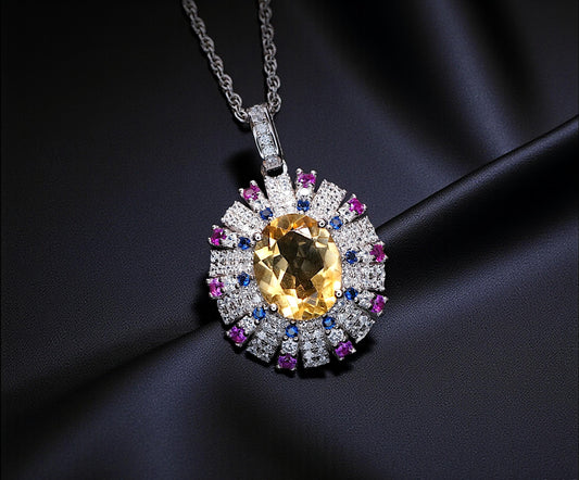 Luxury Radiant Genuine Citrine Necklace - Source Light Style Gold coated 925 Sterling Silver - Exclusive Design 3 CT Citrine Pendant #903