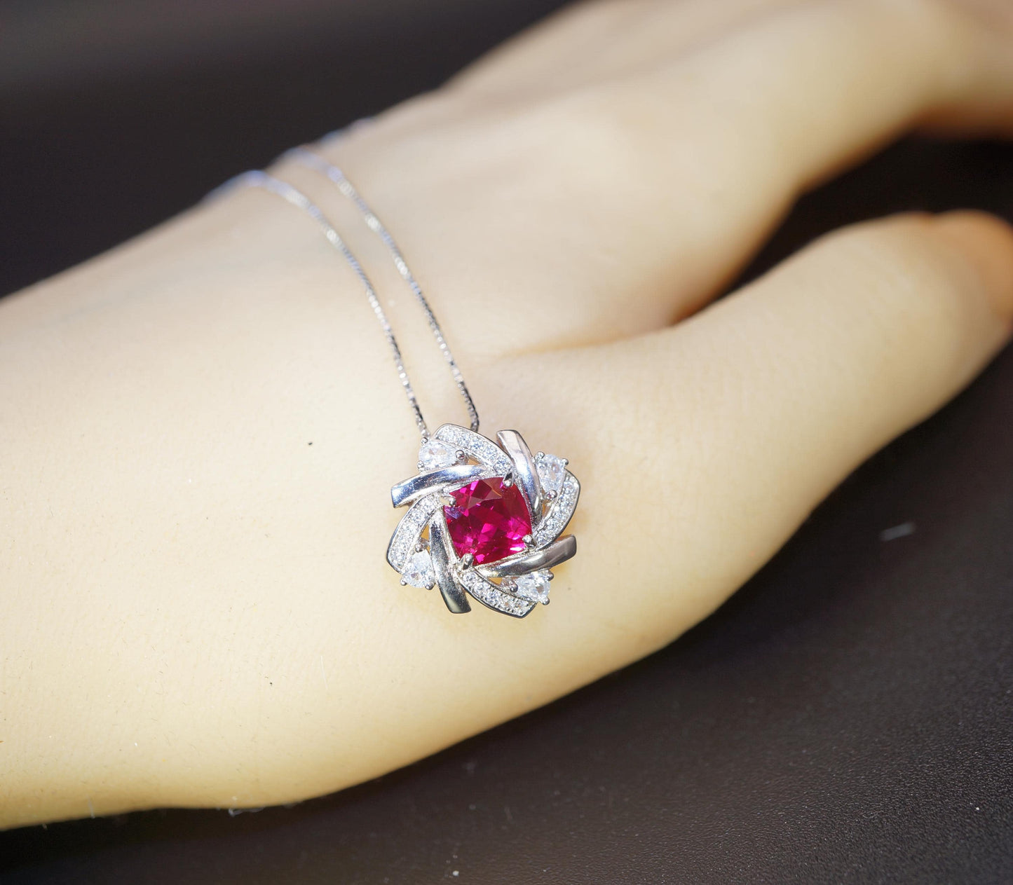 Sterling Silver Red Ruby Necklace 1.5 CT Solitaire Red Ruby Spiral Pendant Sterling Silver White Gold Plated July Birthstone #1130