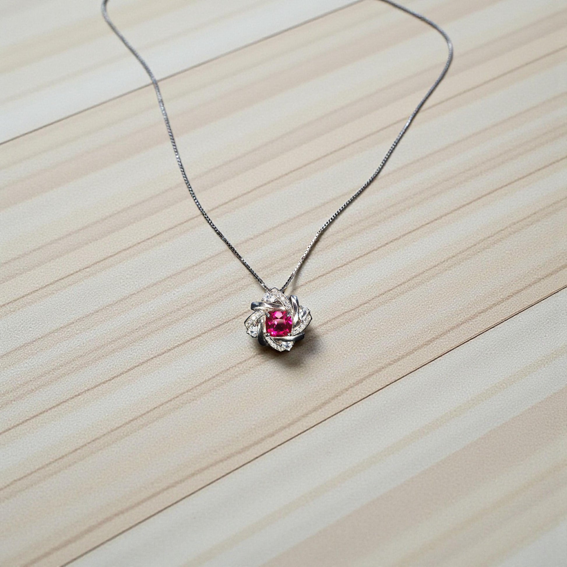 Sterling Silver Red Ruby Necklace 1.5 CT Solitaire Red Ruby Spiral Pendant Sterling Silver White Gold Plated July Birthstone #1130