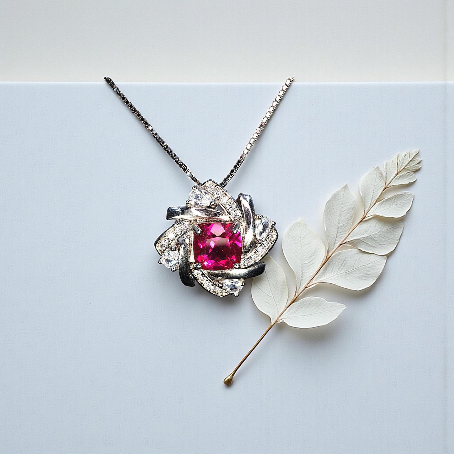 Sterling Silver Red Ruby Necklace 1.5 CT Solitaire Red Ruby Spiral Pendant Sterling Silver White Gold Plated July Birthstone #1130