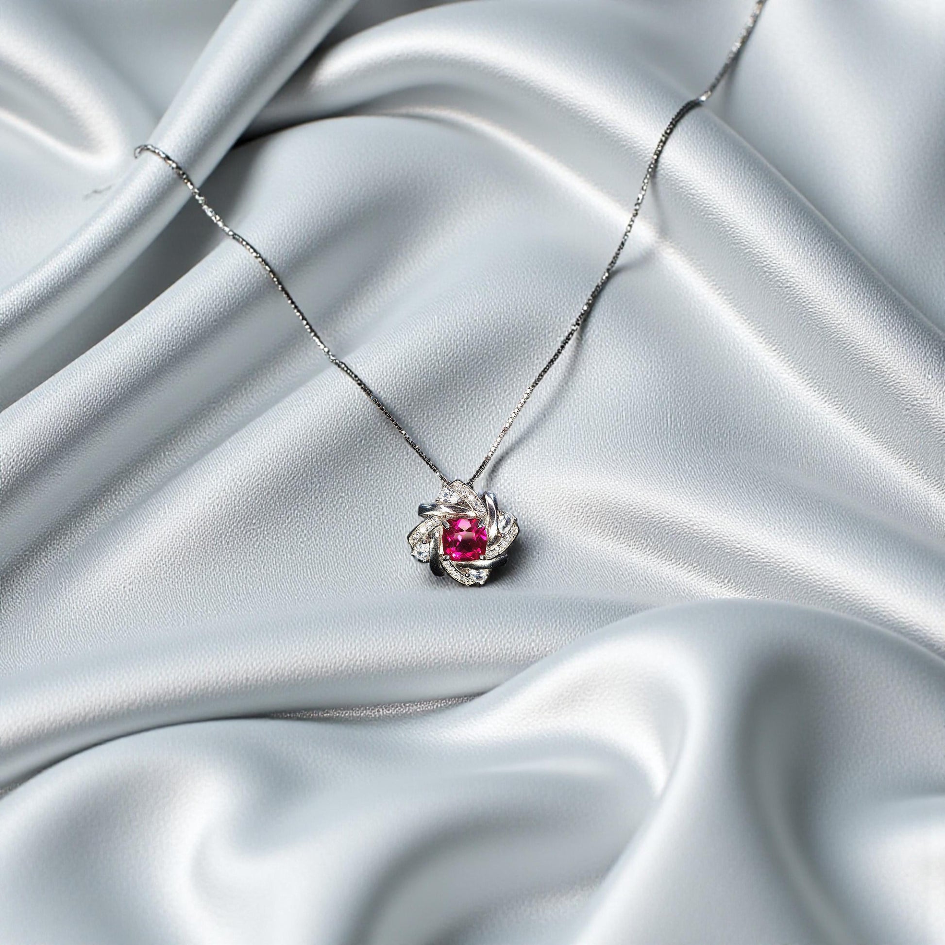 Sterling Silver Red Ruby Necklace 1.5 CT Solitaire Red Ruby Spiral Pendant Sterling Silver White Gold Plated July Birthstone #1130