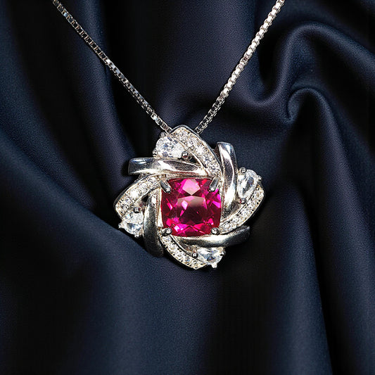 Sterling Silver Red Ruby Necklace 1.5 CT Solitaire Red Ruby Spiral Pendant Sterling Silver White Gold Plated July Birthstone #1130