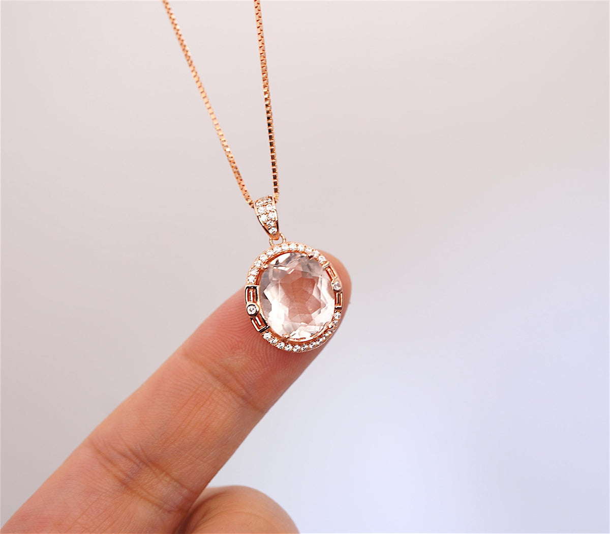 Clear Quartz Necklace, Crystal energy healing Jewelry, Rose Gold coated Sterling silver 5 ct Natural Clear quartz Pendant #1132