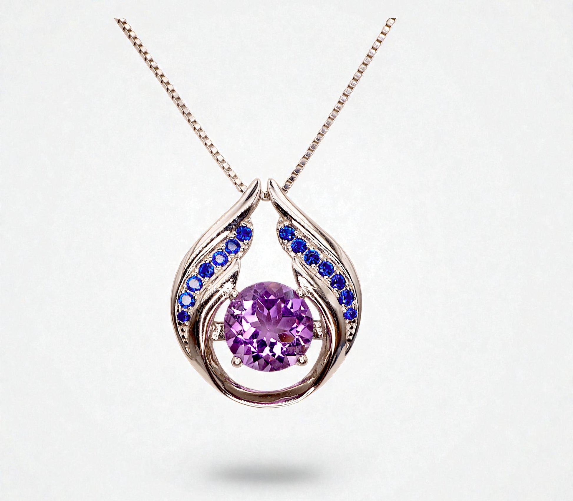 Genuine Amethyst Necklace - Hold Your Heart Pendant - 18KGP @ Sterling Silver - Blue Sapphire Style - Round Cut Natural Amethyst Pendant 700