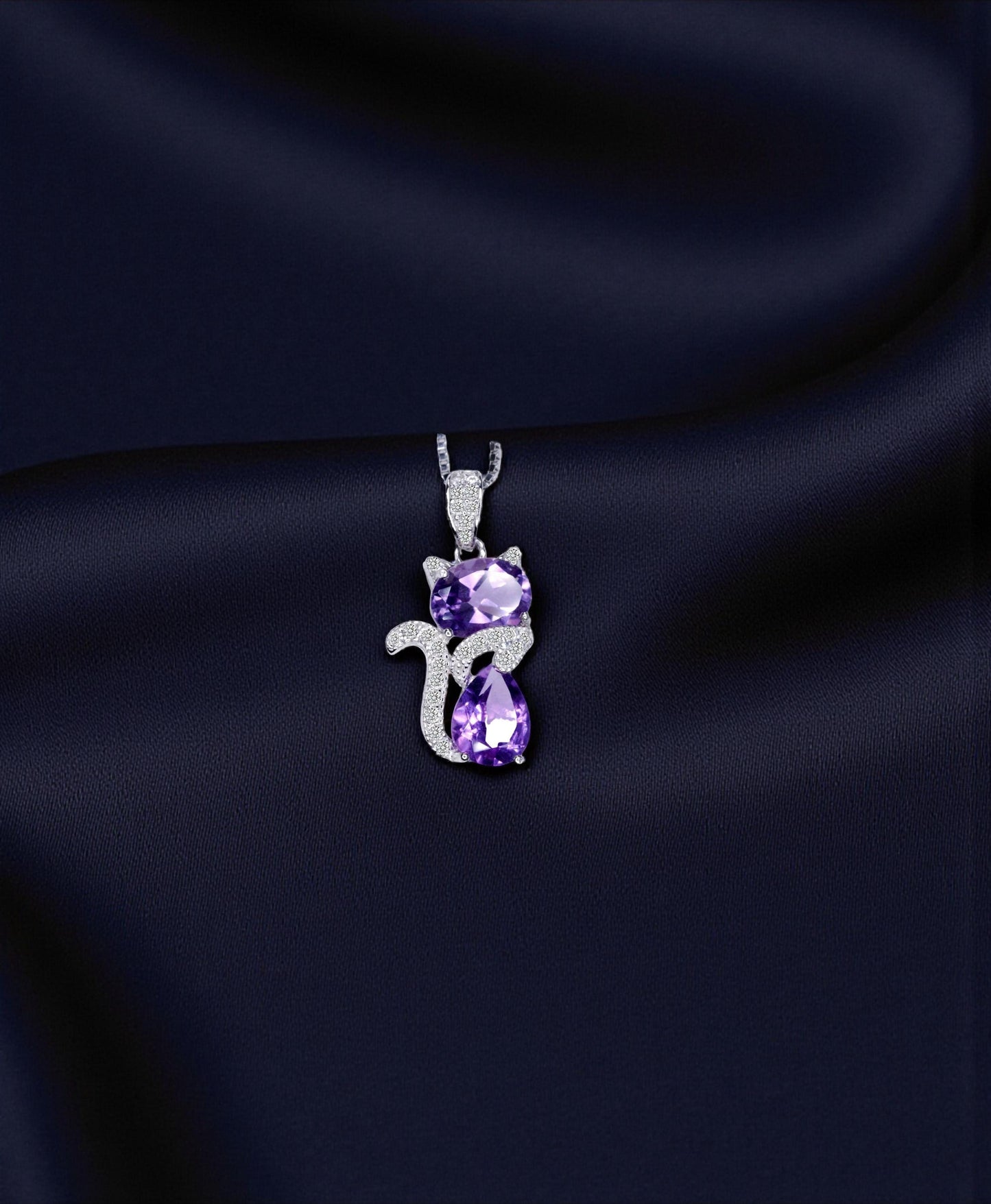 Natural Amethyst Necklace - Sterling Silver Cat Pendant- Purple Stone Gemstone Kitty Kitten Jewelry Crown Chakra Healing #221